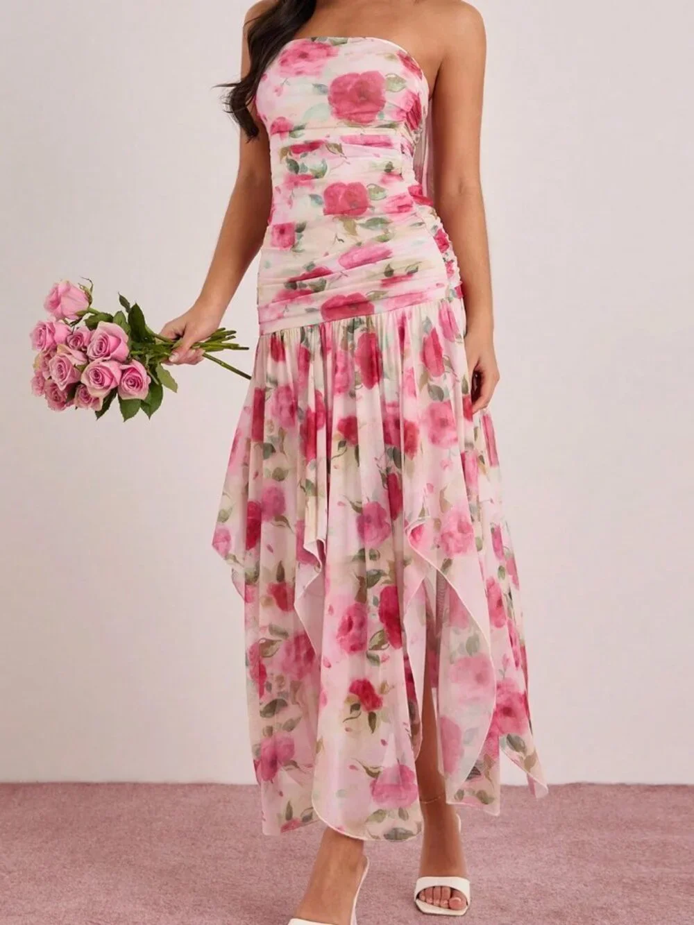 Multicolor Women's Romantic & Floral Print Ruched Fitted Maxi Tube Dress